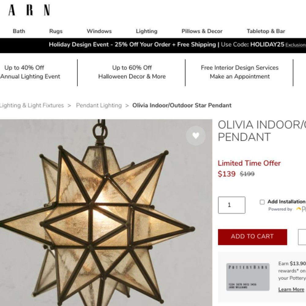 Pottery Barn Olivia Star Light Fixture - NEW IN BOX
